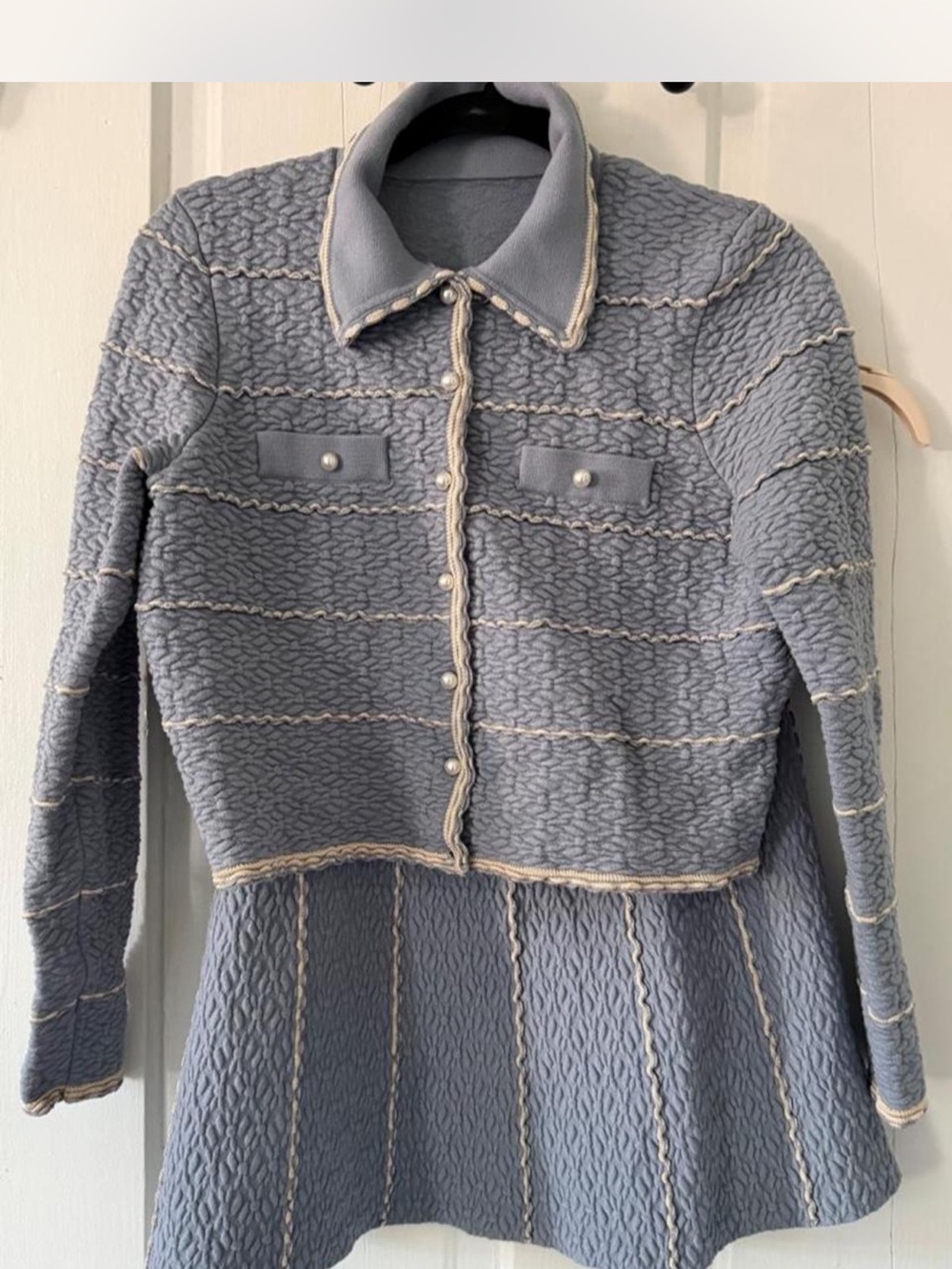 Sandro Light Blue Textured Pearl-Button Jacket and skirt